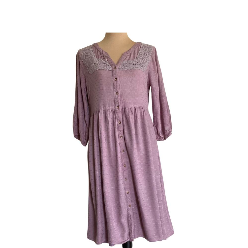 Bohme Button Down Midi Dress Women Purple Lace Applique 3/4 Sleeve V Neck Lined